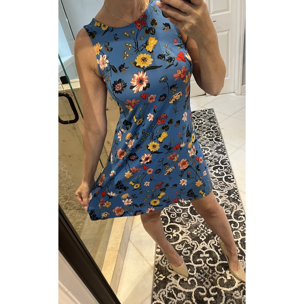 LOFT Blue Floral Swing Dress Sleeveless Tie Neck A-Line XXS Petite PXXS NEW